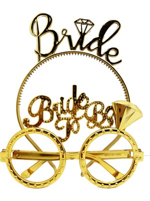 Mustran Bride Yazılı Taç ve Bride To Be Yazılı Gözlük Seti Altın Renk