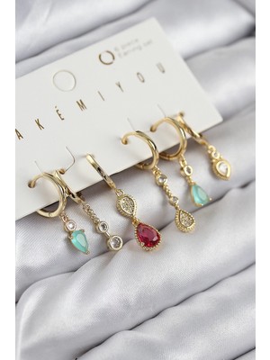 Esranın Dünyası Mey Ithalat® Pirinç Zirkon Taşlı Sallantılı Model Gold Renk 6'lı Küpe Set