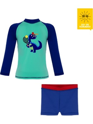 Daring Littles Uv Korumalı Upf 50+ Bebek Yüzme Seti - Uzun Kollu Dinozor Baskılı Üst & Boxer Alt - Geri Dönüştürülmüş Kumaş - D-Rex Koleksiyonu