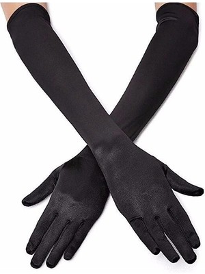 Esranın Dünyası Mey Ithalat® Siyah Renk Likralı Dirseğe Kadar Uzun Kumaş Eldiven 40 cm