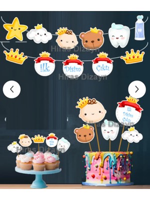 Hiras Dizayn 32PARÇA Ilk Dişim Çıktı Erkek Diş Buğdayı Seti Banner Pasta Kürdanı Cupcake Süsü Seti