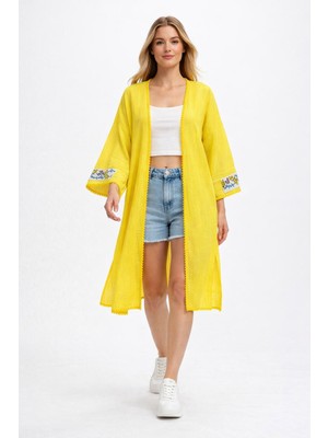 Tosbik Otantik Tosbikotantik Kişiye Özel Tasarım Kanaviçe Işlemeli Şile Bezi Sarı Kimono / Kap