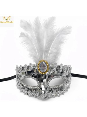 Esranın Dünyası Mey Ithalat® Lüks Gümüş Tüylü Taşlı Balo Maskesi