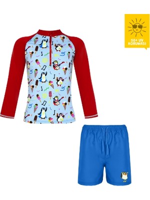 Daring Littles Uv Korumalı Upf 50+ Çocuk Yüzme Seti - Uzun Kollu Penguen Desen Üst & Şort Mayo - Geri Dönüştürülmüş Kumaş - Tappy Koleksiyonu