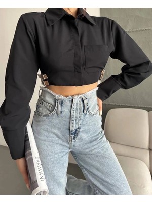Colezium Yanı Kemer Detaylı Crop Gömlek Siyah S4009