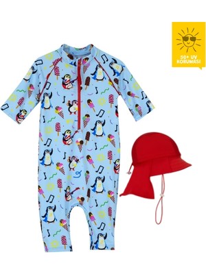 Daring Littles Uv Korumalı Upf 50+ Bebek Şapkalı Yüzme Seti - Uzun Kollu Penguen Desen Tulum & Kırmızı Şapka - Geri Dönüştürülmüş Kumaş - Tappy Koleksiyonu