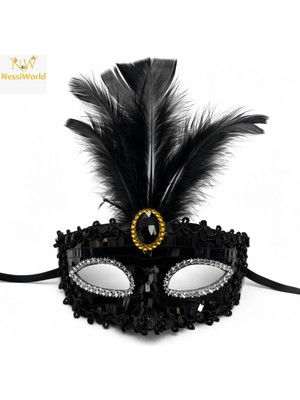 Esranın Dünyası Mey Ithalat® Lüks Siyah Tüylü Taşlı Balo Maskesi