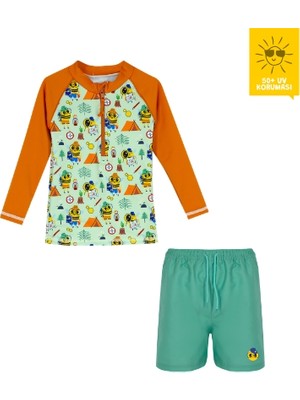 Daring Littles Uv Korumalı Upf 50+ Çocuk Yüzme Seti - Uzun Kollu Arı Desen Üst & Şort Mayo - Geri Dönüştürülmüş Kumaş - Beebee Koleksiyonu