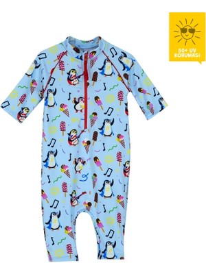 Daring Littles Uv Korumalı Upf 50+ Uzun Kollu Penguen Desen Tulum Mayo - Geri Dönüştürülmüş Kumaş - Tappy Koleksiyonu