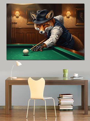 Tablomega Bilardo Oynayan Gözlüklü Kurnaz Tilki Dekoratif Kanvas - Mdf Ahşap Tablo