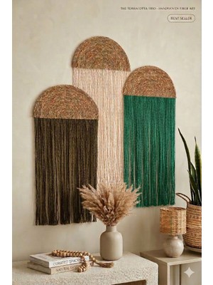 Mihriay Makrome Duvar Süsü  Doğal Hasır Supla Bohem 3lü Duvar Süsü