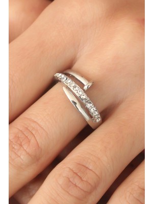 Mey Ithalat® Gümüş Renk Taşlı Çivi Ayarlanabilir Kadın Yüzük