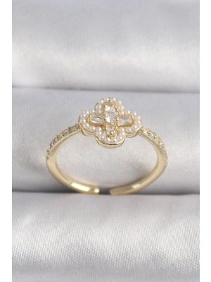 Mey Ithalat® Pirinç Gold Renk Zirkon Taşlı Yonca Model Inci Detay Kadın Yüzük