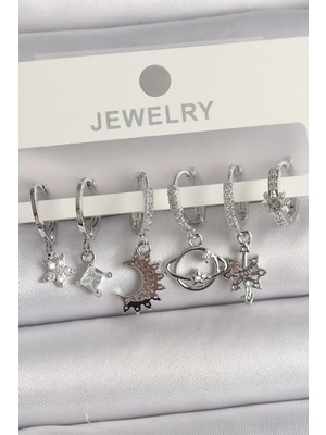 Mey Ithalat® Pirinç Gümüş Renk Zirkon Taşlı Gezgen Model Kadın Küpe Seti