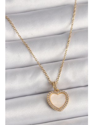 Mey Ithalat® 316L Çelik Gold Renk Zincir Zirkon Taşlı Beyaz Mineli Kalp Model Kadın Kolye