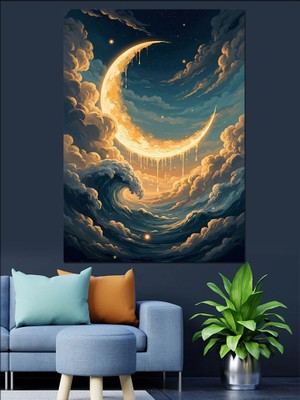 Artmeg Bulutlar Üstünde Hilal Ay Manzarası Dekoratif Kanvas - Mdf Ahşap Tablo