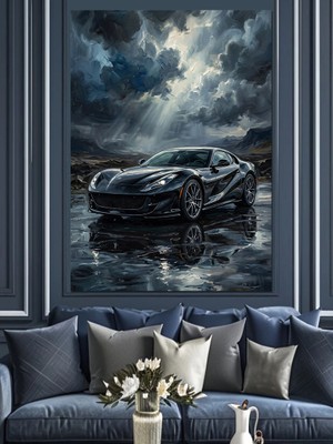Artmeg Yağmur Altında Lüks Spor Araba Dekoratif Kanvas - Mdf Ahşap Tablo
