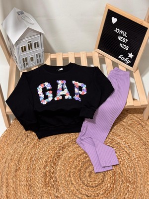 Wikiboom Siyah Renkli Çiçekli Yazılı Mor Taytlı Takım