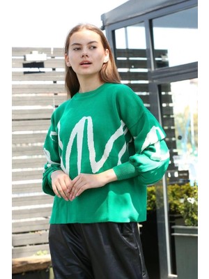 Colezium Beyaz Çizgili Bisiklet Yaka Kazak Yeşil