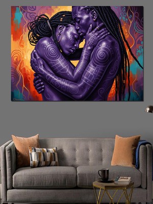 Tablomega Mor Işıklı Romantik Sarılan Çift Dekoratif Kanvas - Mdf Ahşap Tablo