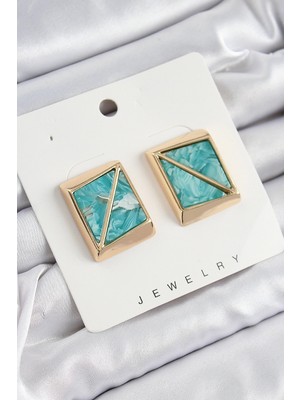 Mey Ithalat® Pirinç Turkuaz Üçgen Kesim Detaylı Kare Model Vintage Gold Renk Kadın Küpe