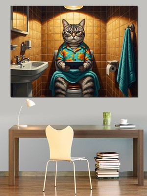 Tablomega Tuvalette Gazete Okuyan Modern Kedi Dekoratif Kanvas - Mdf Ahşap Tablo