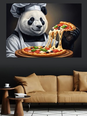 Tablomega Pizza Hazırlayan Usta Panda Şef Dekoratif Kanvas - Mdf Ahşap Tablo