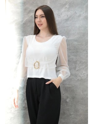 Colezium Tokalı Tül Kollu Bluz Beyaz