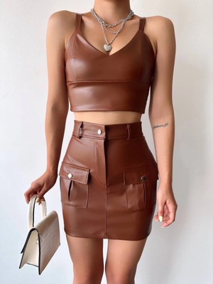 Colezium Önden Iki Cepli Deri Etek Kahve H240040