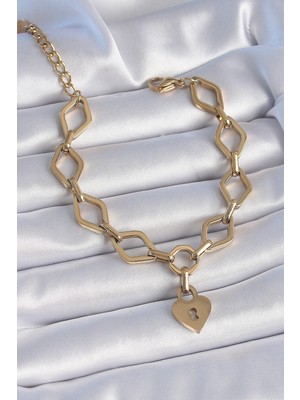 Mey Ithalat® 316L Çelik Gold Renk Zincir Model Kilit Kalp Figür Kadın Bileklik