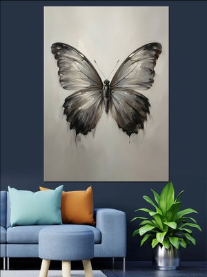 Tablomega Siyah Beyaz Kelebek Illüstrasyonu Dekoratif Kanvas - Mdf Ahşap Tablo