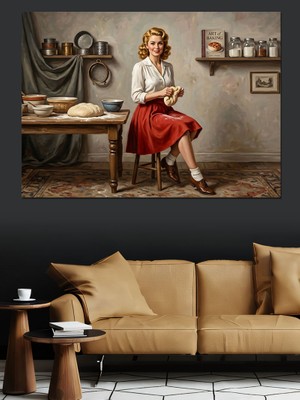 Tablomega Mutfakta Hamur Açan Retro Kadın Dekoratif Kanvas - Mdf Ahşap Tablo