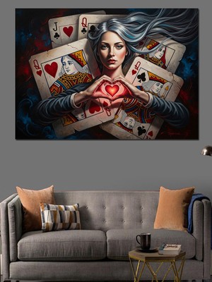 Tablomega Iskambil Kağıtlı ve Kalpli Kadın Dekoratif Kanvas - Mdf Ahşap Tablo