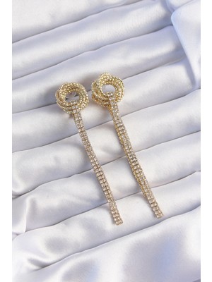 Mey Ithalat® Pirinç Gold Renk Zirkon Taşlı Kıvrım Detay Sallantılı Küpe