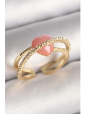 Mey Ithalat® Pirinç Gold Renk Pembe Kristal Kalp Model Zirkon Taş Detaylı Kadın Yüzük