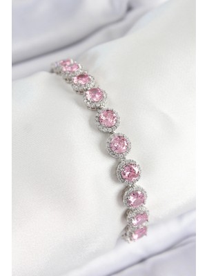 Mey Ithalat® Pirinç Pembe Zirkon Taşlı Daire Baget Model Gümüş Renk Vıp Seri Kadın Bileklik