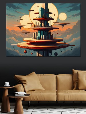 Tablomega Bulutlar Üzerinde Ütopik Şehir Yapısı Dekoratif Kanvas - Mdf Ahşap Tablo