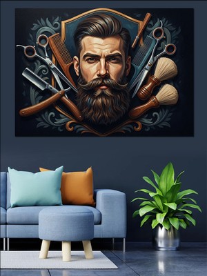 Tablomega Sakal ve Berber Ekipmanları Logosu Dekoratif Kanvas - Mdf Ahşap Tablo