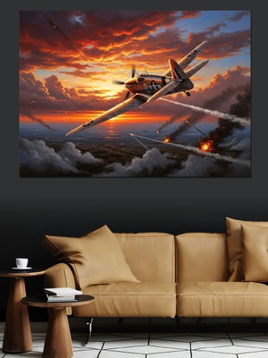 Tablomega Gün Batımında Uçan Savaş Uçağı Dekoratif Kanvas - Mdf Ahşap Tablo