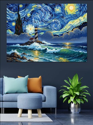 Tablomega Van Gogh Tarzı Deniz Feneri Dekoratif Kanvas - Mdf Ahşap Tablo