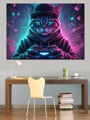 Tablomega Neon Işıklı Oyuncu Kedi Portresi Dekoratif Kanvas - Mdf Ahşap Tablo