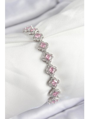 Mey Ithalat® Pirinç Zirkon Taşlı Pembe Yonca Baget Model Gümüş Renk Vıp Seri Kadın Bileklik