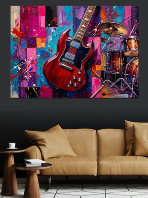 Tablomega Modern Sanat Renkli Gitar Tasarımı Dekoratif Kanvas - Mdf Ahşap Tablo
