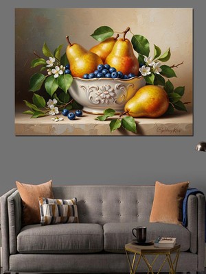 Tablomega Gümüş Tabakta Taze Armut Natürmort Dekoratif Kanvas - Mdf Ahşap Tablo