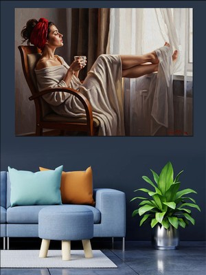 Artmeg Pencere Kenarında Kahve Keyfi Yapan Kadın Dekoratif Kanvas - Mdf Ahşap Tablo