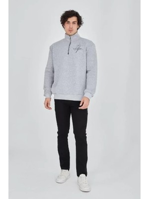 Uslucan Alışveriş Erkek Yarım Fermuarlı Baskılı Sweat - Gri