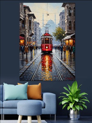 Tablomega Yağmurlu Istanbul Sokağında Kırmızı Tramvay Dekoratif Kanvas - Mdf Ahşap Tablo