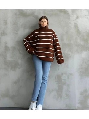 Colezium Çizgili Ispanyol Kol Triko Boğazlı Kahve Beyaz Elf