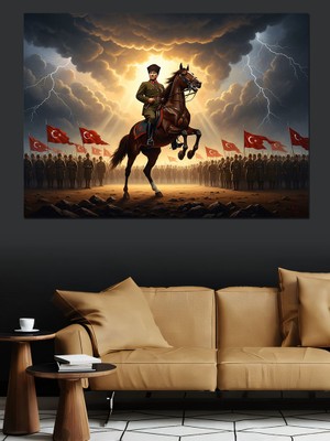 Artmeg At Üstünde Türk Bayraklı Atatürk Dekoratif Kanvas - Mdf Ahşap Tablo