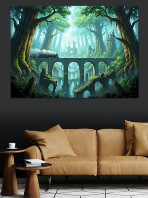 Tablomega Sisli Ormanda Taş Köprü ve Tren Dekoratif Kanvas - Mdf Ahşap Tablo